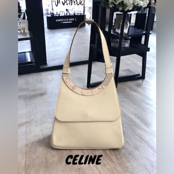 CELINE OFF WHITE LEATHER SHOULDER HOBO TOTE HAND BAG - Picture 3 of 12